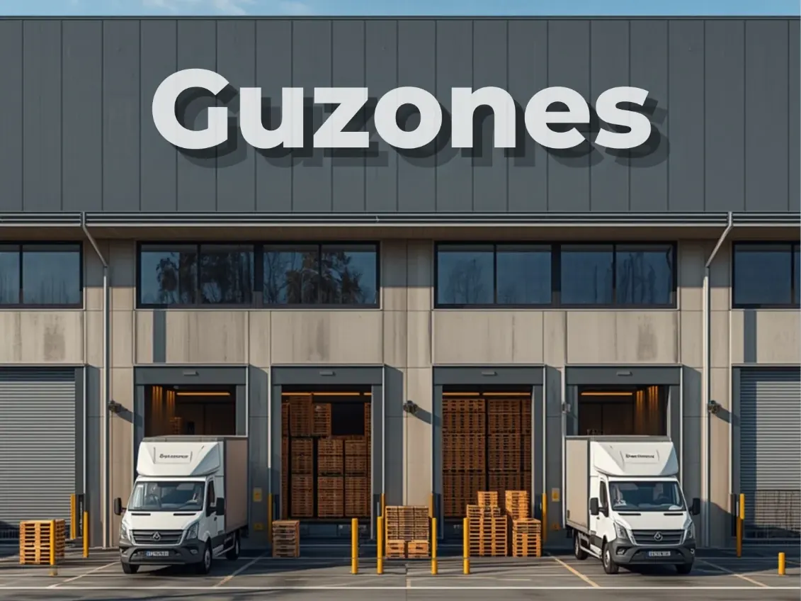 Centre logistique Guzones avec des camionnettes aux quais de chargement